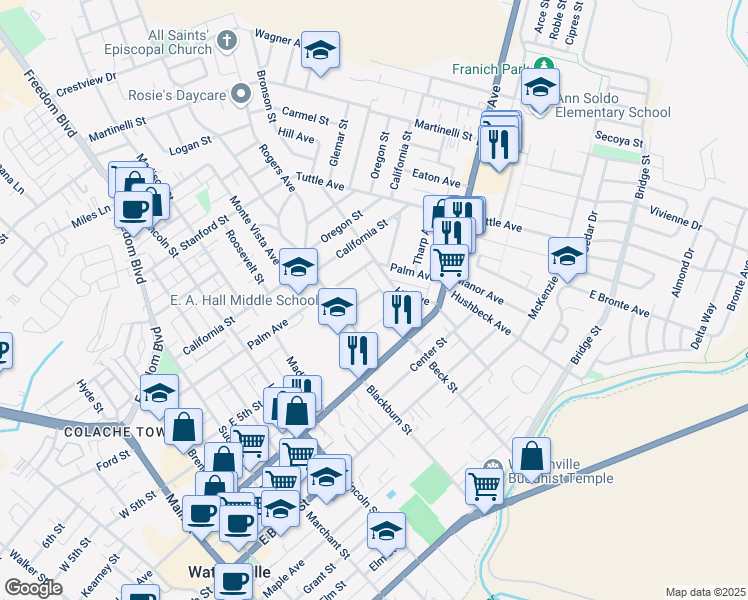 map of restaurants, bars, coffee shops, grocery stores, and more near 630 Orchard Street in Watsonville