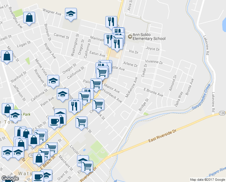 map of restaurants, bars, coffee shops, grocery stores, and more near 341 Manor Avenue in Watsonville