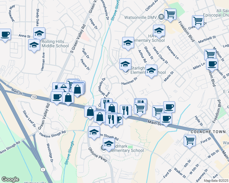 map of restaurants, bars, coffee shops, grocery stores, and more near 375 Clifford Avenue in Watsonville