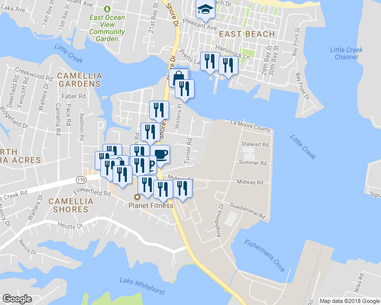 map of restaurants, bars, coffee shops, grocery stores, and more near 7920 Turner Road in Norfolk