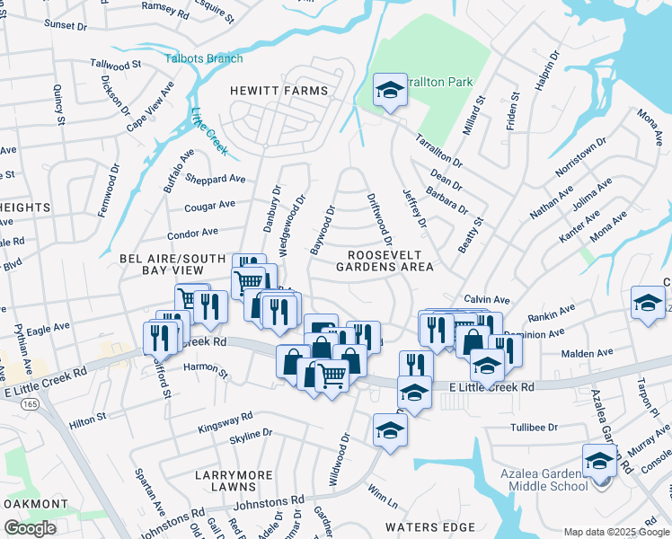 map of restaurants, bars, coffee shops, grocery stores, and more near 1825 Branchwood Street in Norfolk