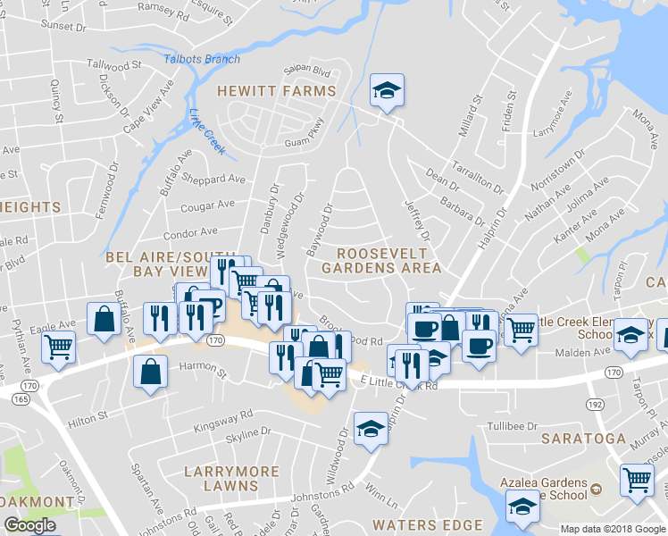 map of restaurants, bars, coffee shops, grocery stores, and more near 1825 Branchwood Street in Norfolk
