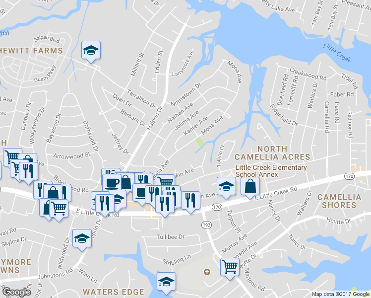 map of restaurants, bars, coffee shops, grocery stores, and more near 8208 Mona Avenue in Norfolk