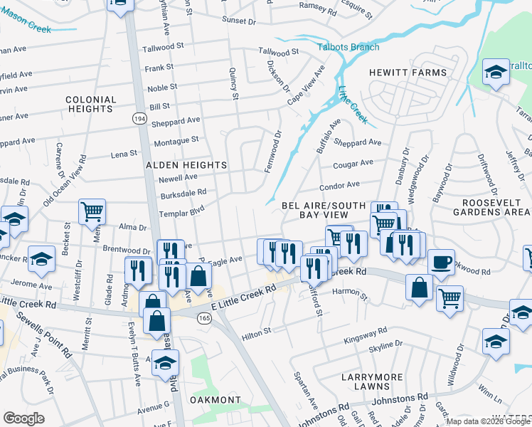 map of restaurants, bars, coffee shops, grocery stores, and more near 1358 Crane Crescent in Norfolk