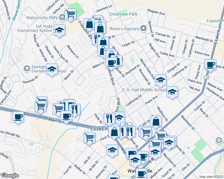 map of restaurants, bars, coffee shops, grocery stores, and more near 921 Freedom Boulevard in Watsonville