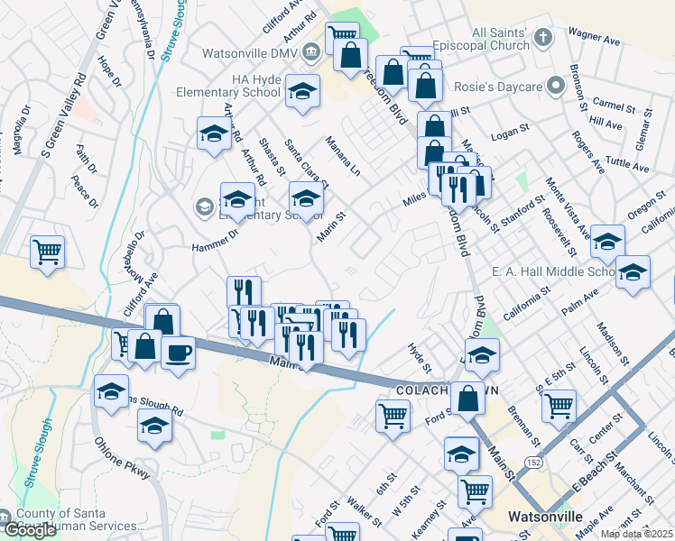 map of restaurants, bars, coffee shops, grocery stores, and more near 525 Auto Center Drive in Watsonville