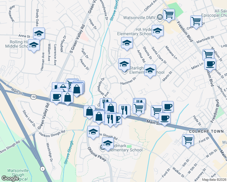 map of restaurants, bars, coffee shops, grocery stores, and more near 375 Clifford Avenue in Watsonville