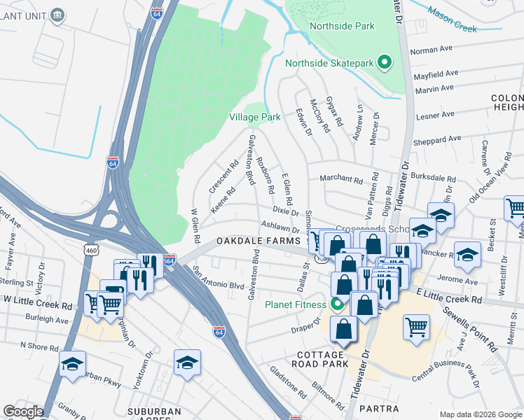 map of restaurants, bars, coffee shops, grocery stores, and more near 7930 Galveston Boulevard in Norfolk