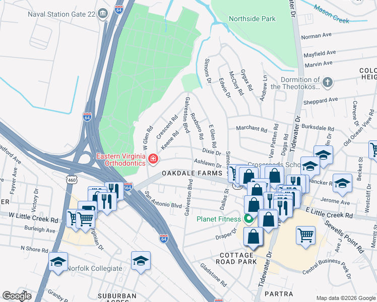 map of restaurants, bars, coffee shops, grocery stores, and more near 7930 Galveston Boulevard in Norfolk