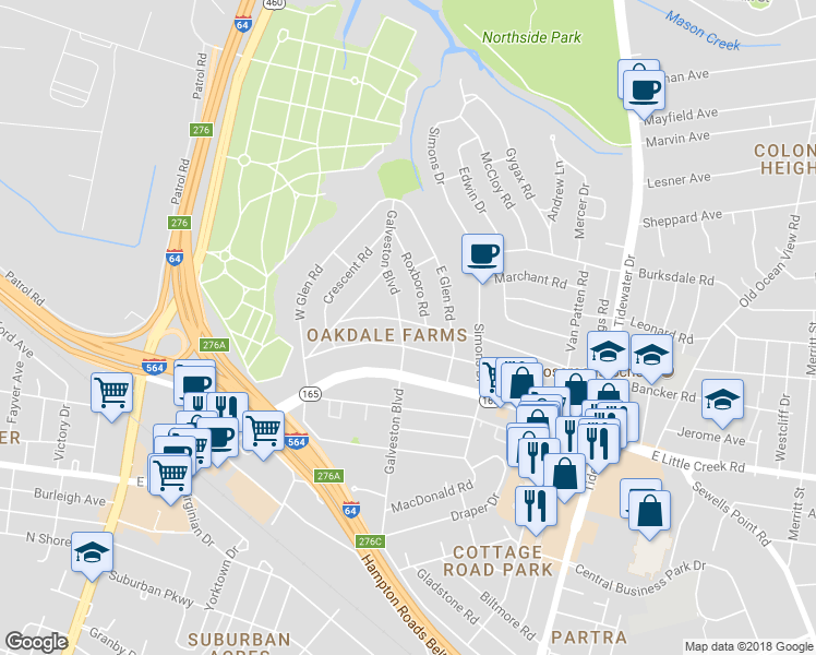 map of restaurants, bars, coffee shops, grocery stores, and more near 7930 Galveston Boulevard in Norfolk