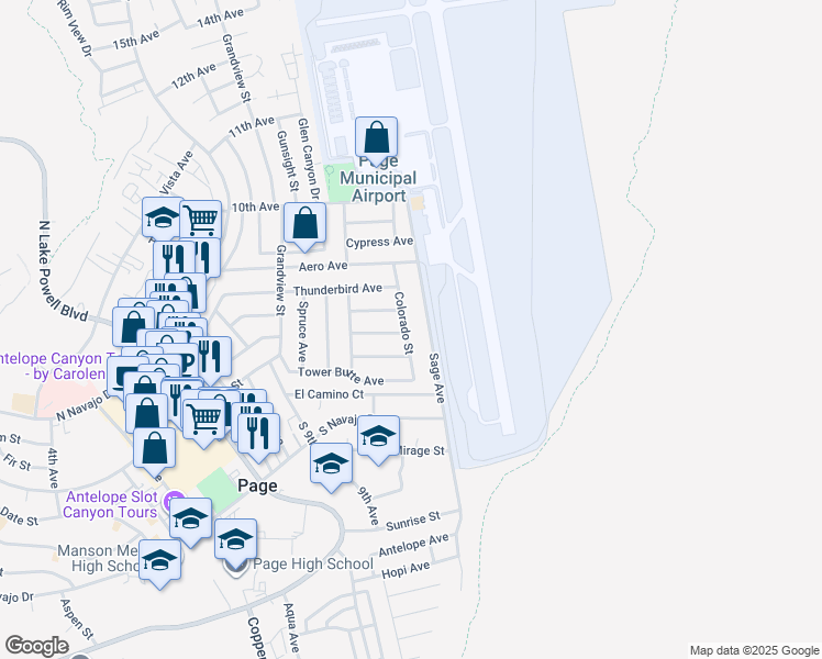 map of restaurants, bars, coffee shops, grocery stores, and more near 849 Colorado Street in Page