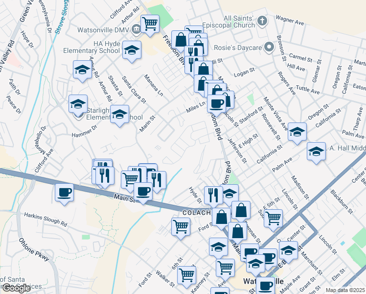 map of restaurants, bars, coffee shops, grocery stores, and more near 41 Costanzo Street in Watsonville