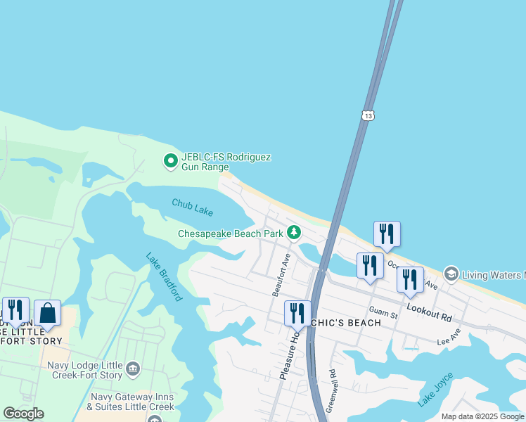 map of restaurants, bars, coffee shops, grocery stores, and more near 5004 Lauderdale Avenue in Virginia Beach