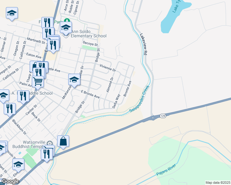 map of restaurants, bars, coffee shops, grocery stores, and more near 738 Cynthia Court in Watsonville