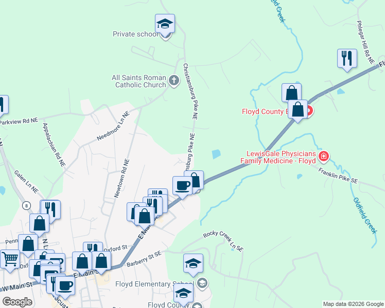 map of restaurants, bars, coffee shops, grocery stores, and more near 213 Christiansburg Pike Northeast in Floyd