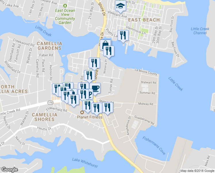 map of restaurants, bars, coffee shops, grocery stores, and more near 7925 Turner Road in Norfolk