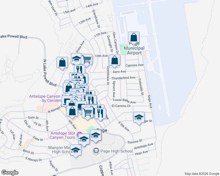 map of restaurants, bars, coffee shops, grocery stores, and more near 837 Grandview Street in Page