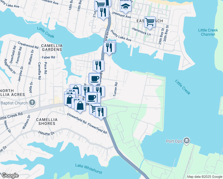 map of restaurants, bars, coffee shops, grocery stores, and more near 7925 Turner Road in Norfolk