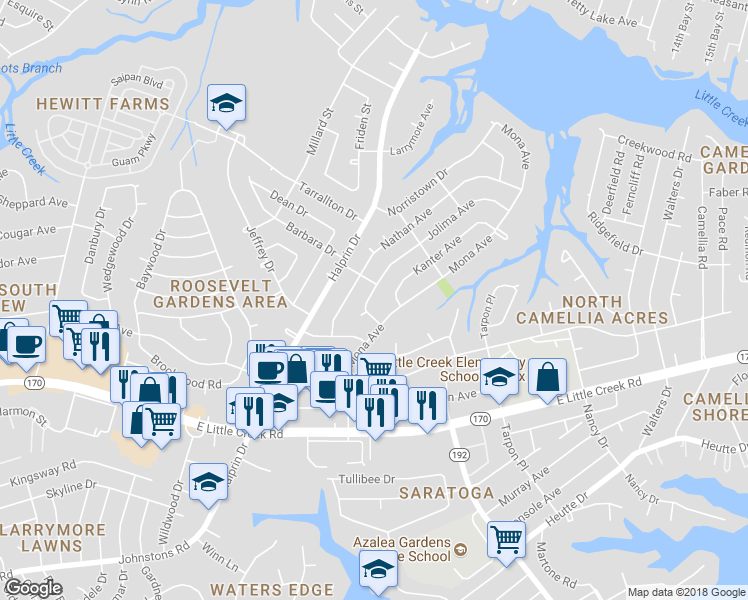 map of restaurants, bars, coffee shops, grocery stores, and more near 8140 Jolima Avenue in Norfolk