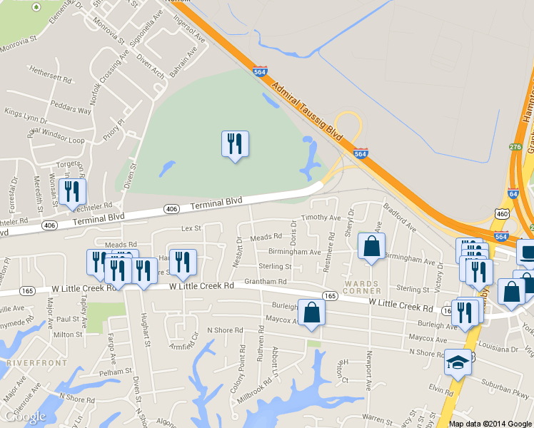 map of restaurants, bars, coffee shops, grocery stores, and more near 548 Timothy Ave in Norfolk