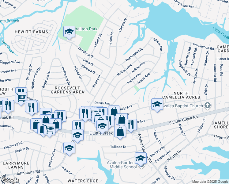 map of restaurants, bars, coffee shops, grocery stores, and more near 8140 Jolima Avenue in Norfolk