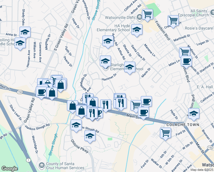 map of restaurants, bars, coffee shops, grocery stores, and more near 56 Altamont Drive in Watsonville