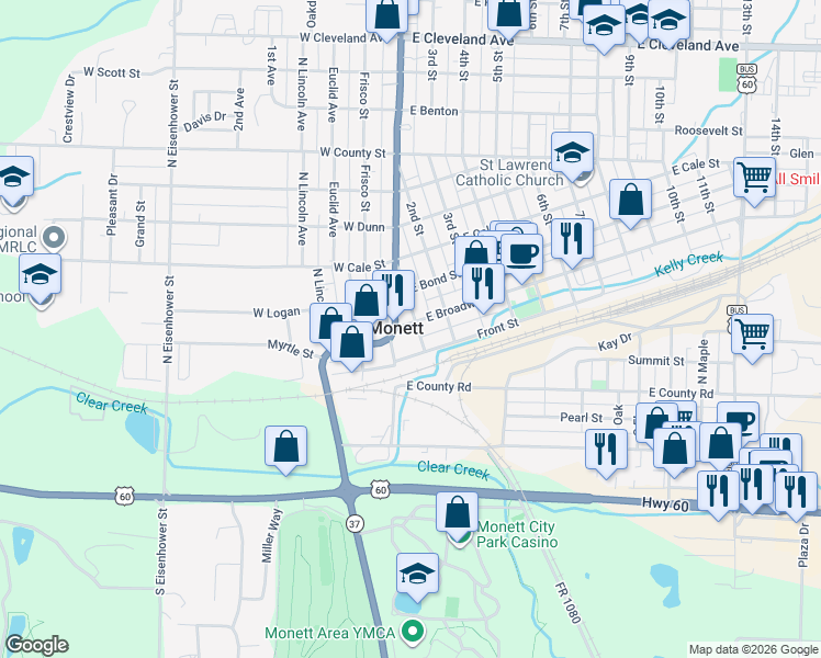 map of restaurants, bars, coffee shops, grocery stores, and more near in Monett