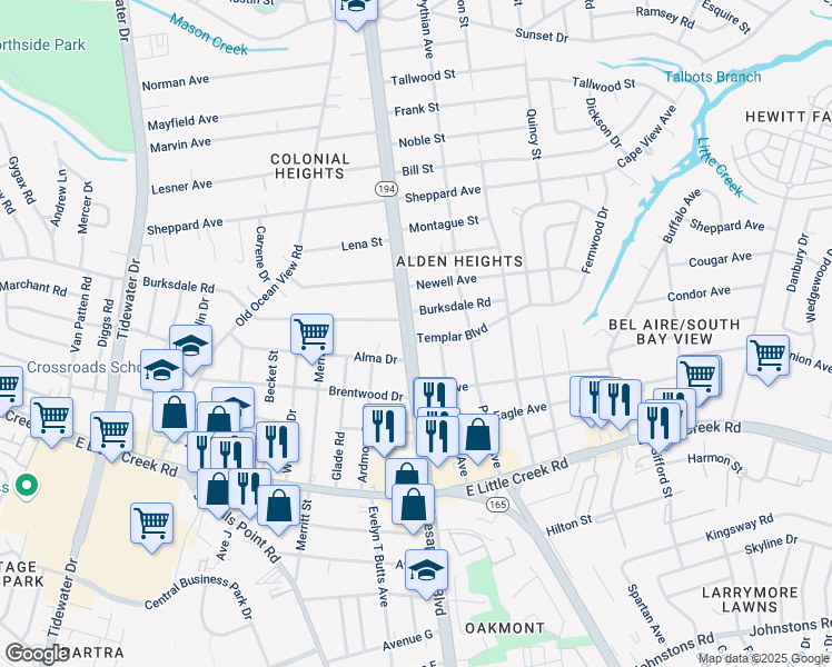 map of restaurants, bars, coffee shops, grocery stores, and more near 1100 Templar Boulevard in Norfolk
