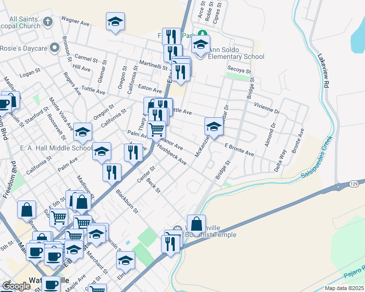 map of restaurants, bars, coffee shops, grocery stores, and more near 330 Manor Avenue in Watsonville