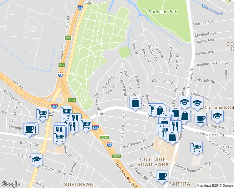 map of restaurants, bars, coffee shops, grocery stores, and more near 311 Dixie Drive in Norfolk