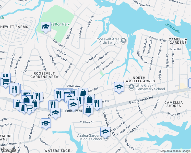 map of restaurants, bars, coffee shops, grocery stores, and more near 8204 Mona Avenue in Norfolk
