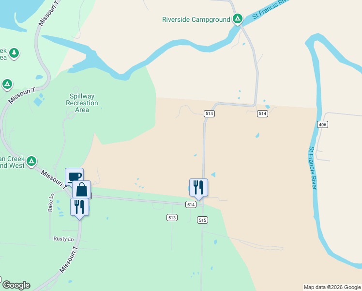 map of restaurants, bars, coffee shops, grocery stores, and more near 951 County Road 514 in Wappapello
