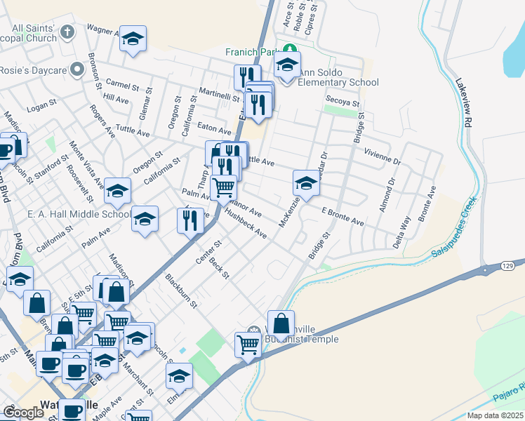 map of restaurants, bars, coffee shops, grocery stores, and more near 330 Manor Avenue in Watsonville