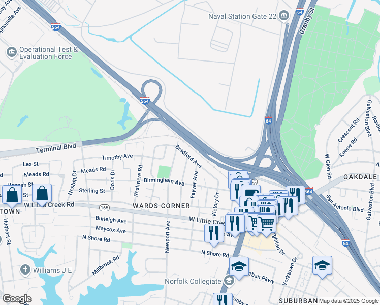 map of restaurants, bars, coffee shops, grocery stores, and more near 7725 Gloucester Avenue in Norfolk