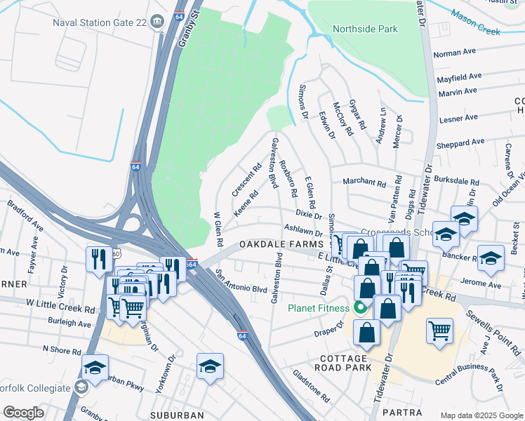 map of restaurants, bars, coffee shops, grocery stores, and more near 311 Dixie Drive in Norfolk