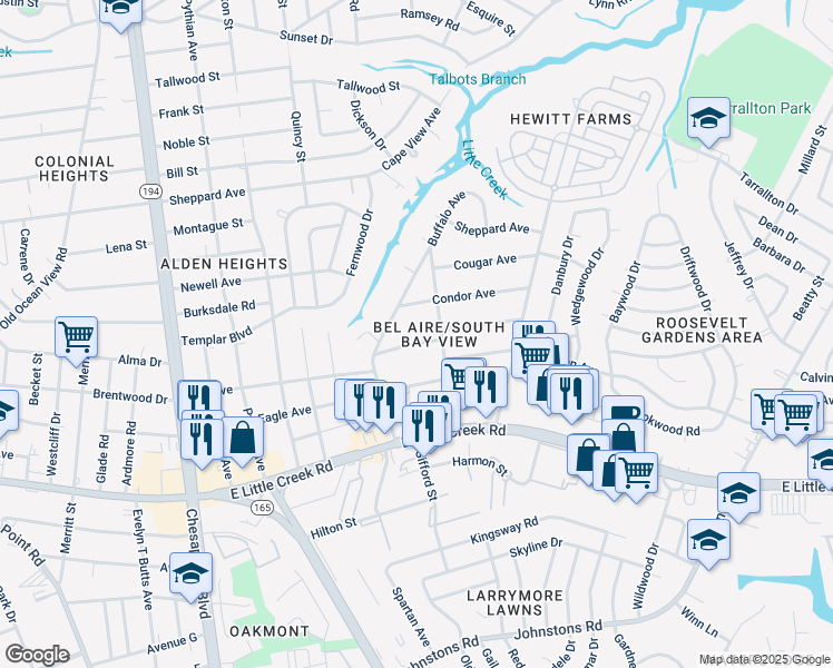 map of restaurants, bars, coffee shops, grocery stores, and more near 1538 Crane Avenue in Norfolk