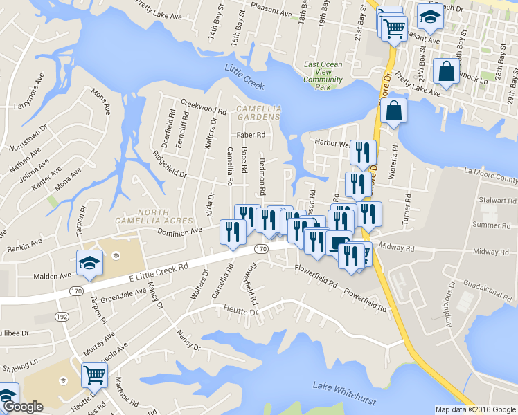 map of restaurants, bars, coffee shops, grocery stores, and more near 7951 Redmon Road in Norfolk