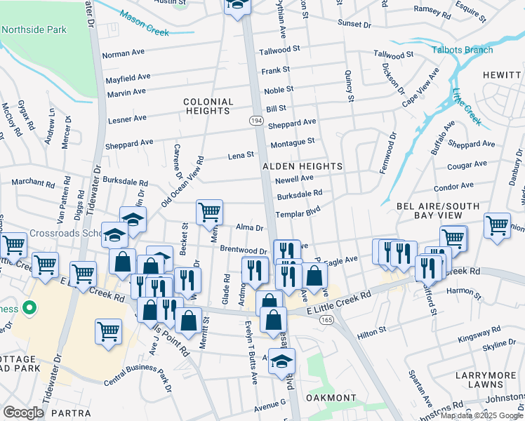 map of restaurants, bars, coffee shops, grocery stores, and more near 1100 Templar Boulevard in Norfolk