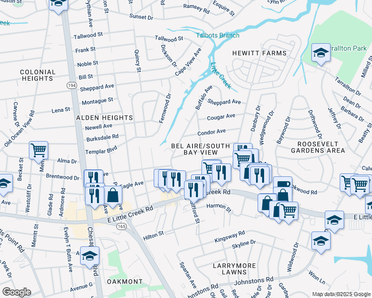 map of restaurants, bars, coffee shops, grocery stores, and more near 1530 Crane Avenue in Norfolk