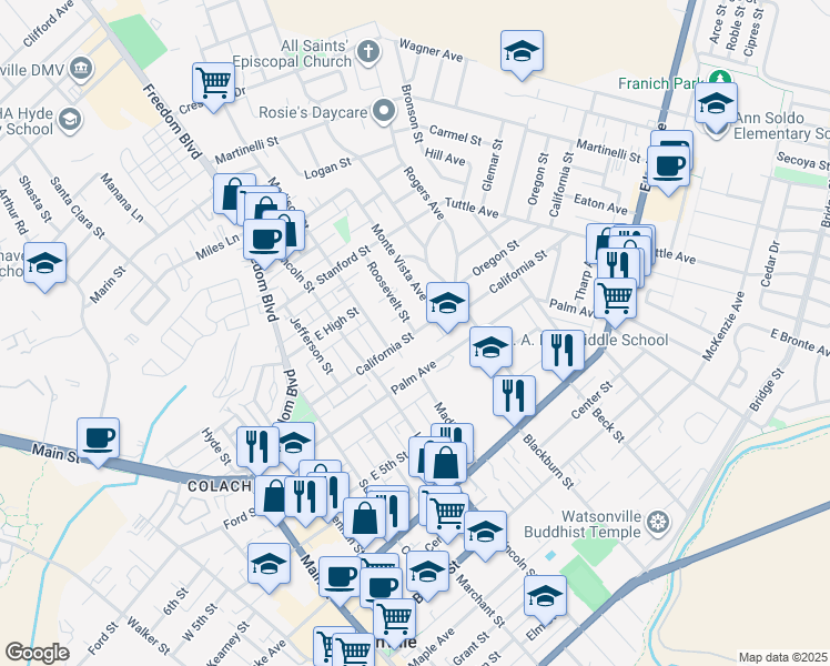 map of restaurants, bars, coffee shops, grocery stores, and more near 2 Roosevelt Street in Watsonville
