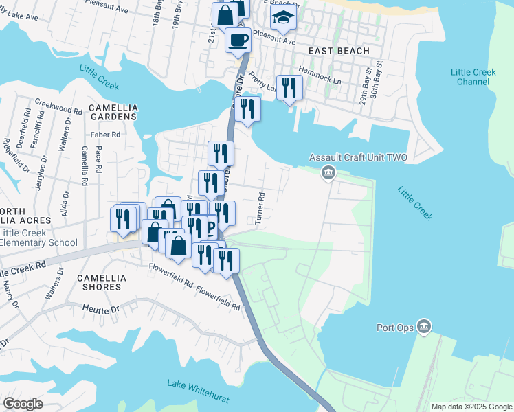 map of restaurants, bars, coffee shops, grocery stores, and more near 7921 Turner Road in Norfolk