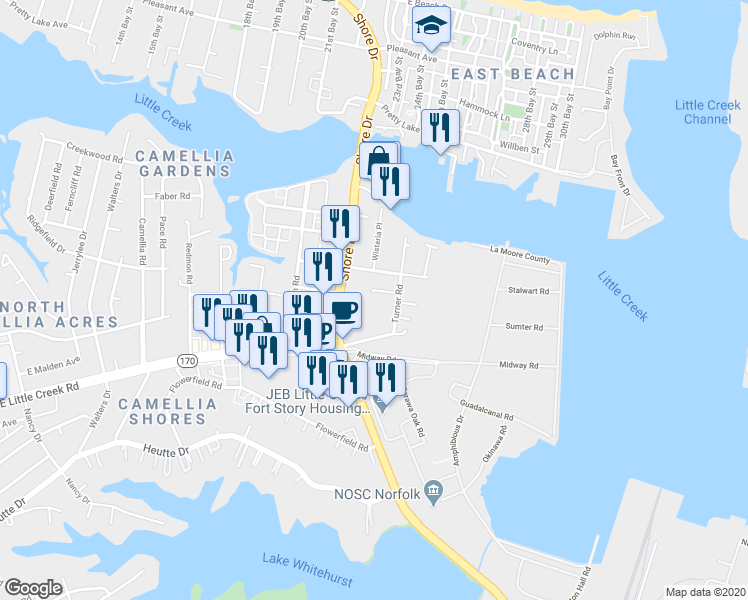map of restaurants, bars, coffee shops, grocery stores, and more near 7921 Turner Road in Norfolk