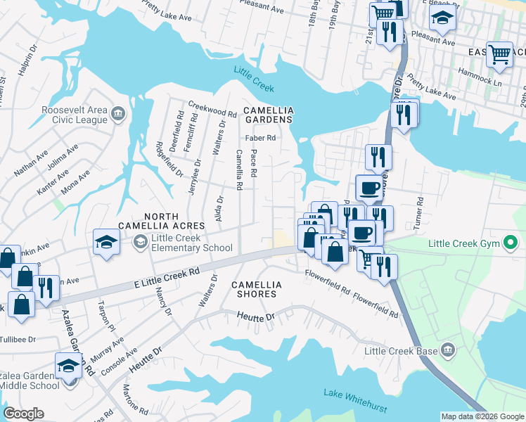 map of restaurants, bars, coffee shops, grocery stores, and more near 8000 Pace Road in Norfolk