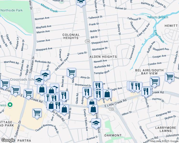 map of restaurants, bars, coffee shops, grocery stores, and more near 1100 Templar Boulevard in Norfolk
