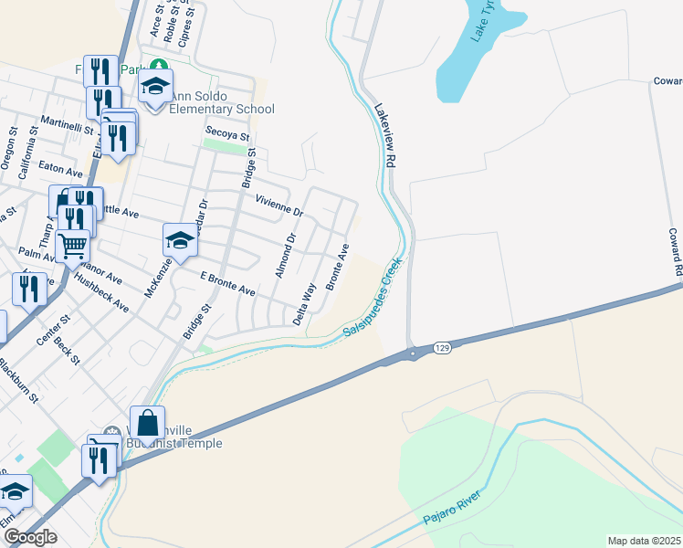 map of restaurants, bars, coffee shops, grocery stores, and more near 786 Bronte Avenue in Watsonville