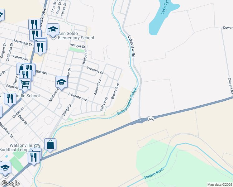 map of restaurants, bars, coffee shops, grocery stores, and more near 786 Bronte Avenue in Watsonville