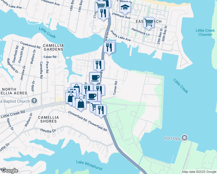 map of restaurants, bars, coffee shops, grocery stores, and more near 7921 Turner Road in Norfolk