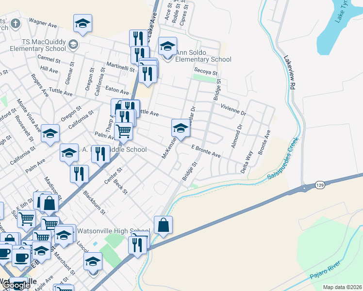 map of restaurants, bars, coffee shops, grocery stores, and more near 651 Bronte Avenue in Watsonville