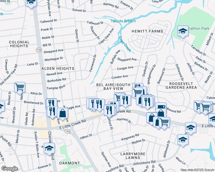 map of restaurants, bars, coffee shops, grocery stores, and more near 1538 Crane Avenue in Norfolk