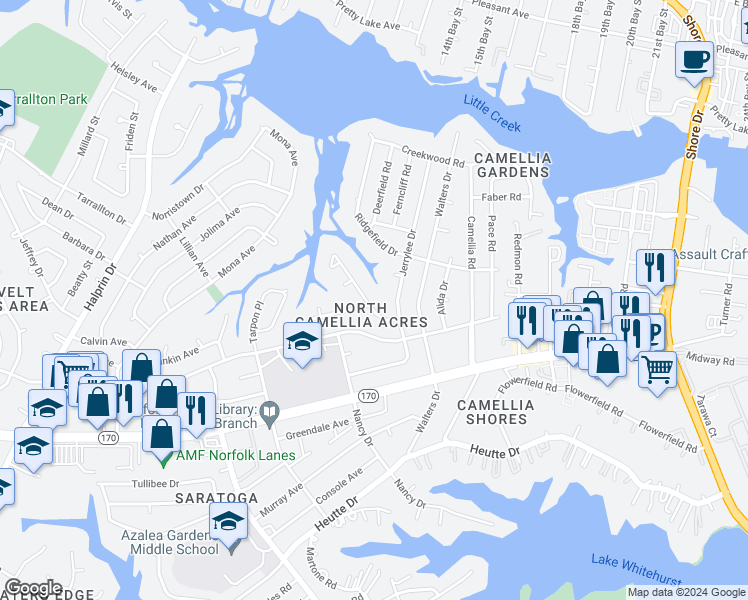 map of restaurants, bars, coffee shops, grocery stores, and more near 8040 Lynnbrook Drive in Norfolk